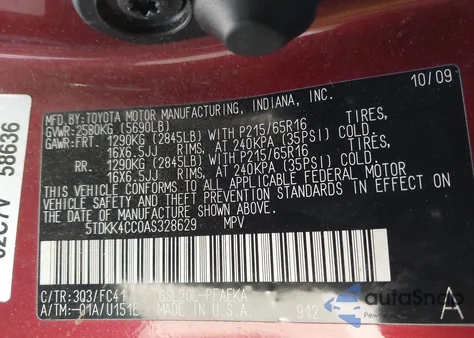 2010 Toyota Sienna Le из США, поврежденный, VIN 5TDKK4CC0AS328629